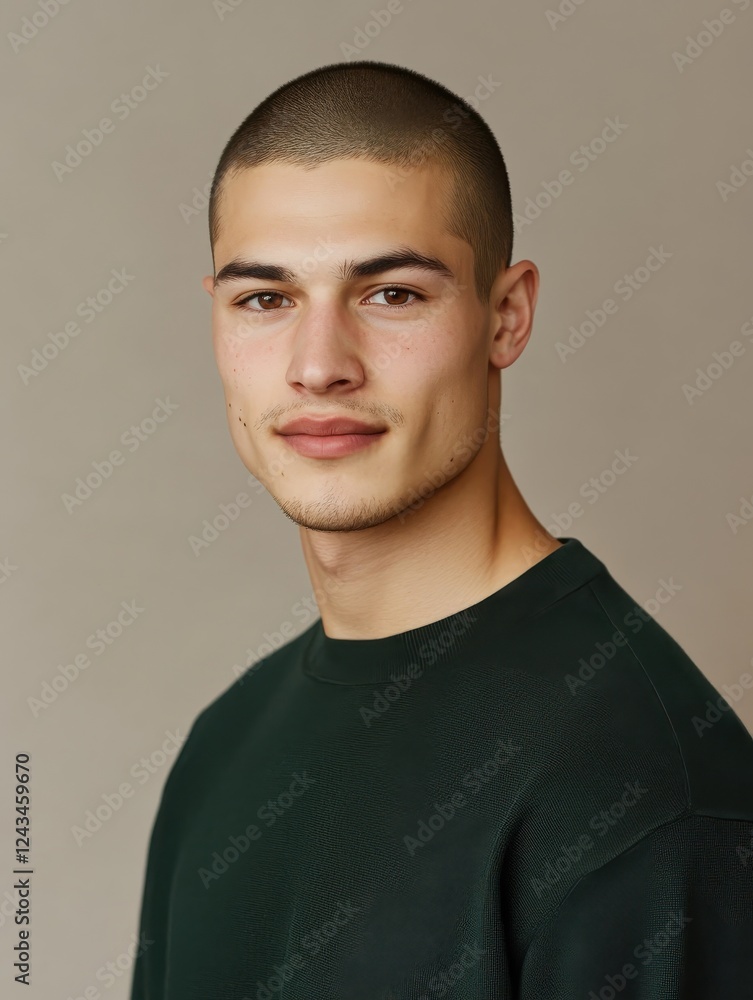 Fototapeta premium Confident young man poses against a minimalistic background showcasing modern style and a strong expression