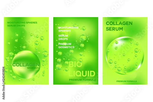 Abstract beauty cosmetic poster set with hyaluronic acid, collagen, niacinamide serum molecular spheres banner.Green organic cosmetology advertisement. Aesthetic premium cosmetic texture
