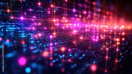 Wallpaper Mural Abstract blue and purple network with glowing line and node. At center of frame the glowing line and node are a various of business icons connecting around the world. Torontodigital.ca