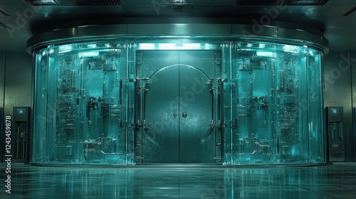 Futuristic vault entrance, secure, glowing interior,  guarded by transparent panels