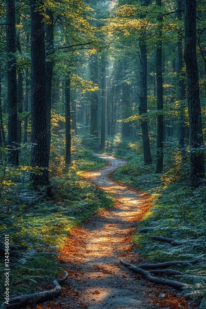 Fototapeta premium Sunlit Path Winding Through A Misty Forest