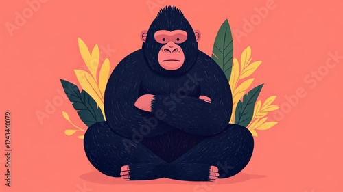 Gorilla Sitting with Arms Crossed in Jungle Set Against Colorful Background with Tropical Leaves Illustration for Wall Art and Decor photo