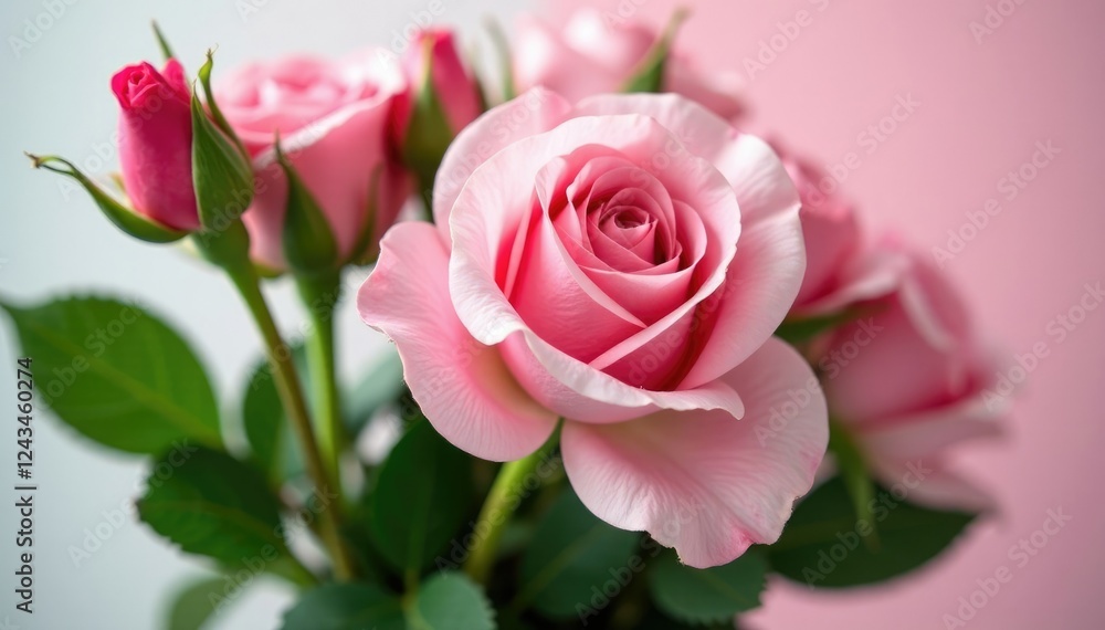 A bouquet of fresh pink roses with leafy greens and flower buds, , bouquet A bouquet of fresh pink roses with leafy greens and flower buds, , bouquet