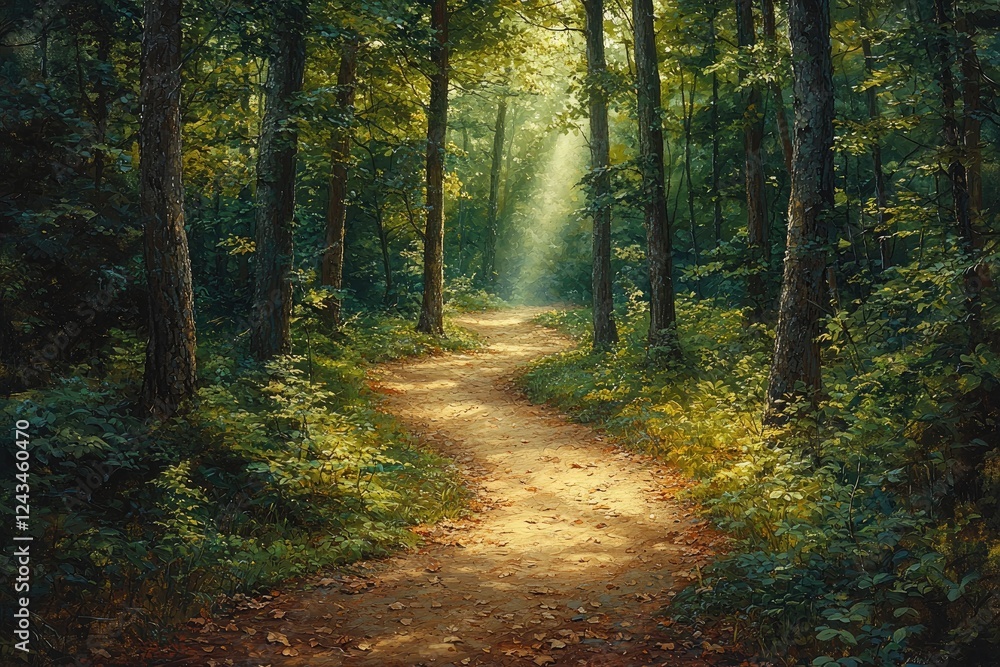 Obraz premium Sunlit Path Winding Through A Verdant Forest