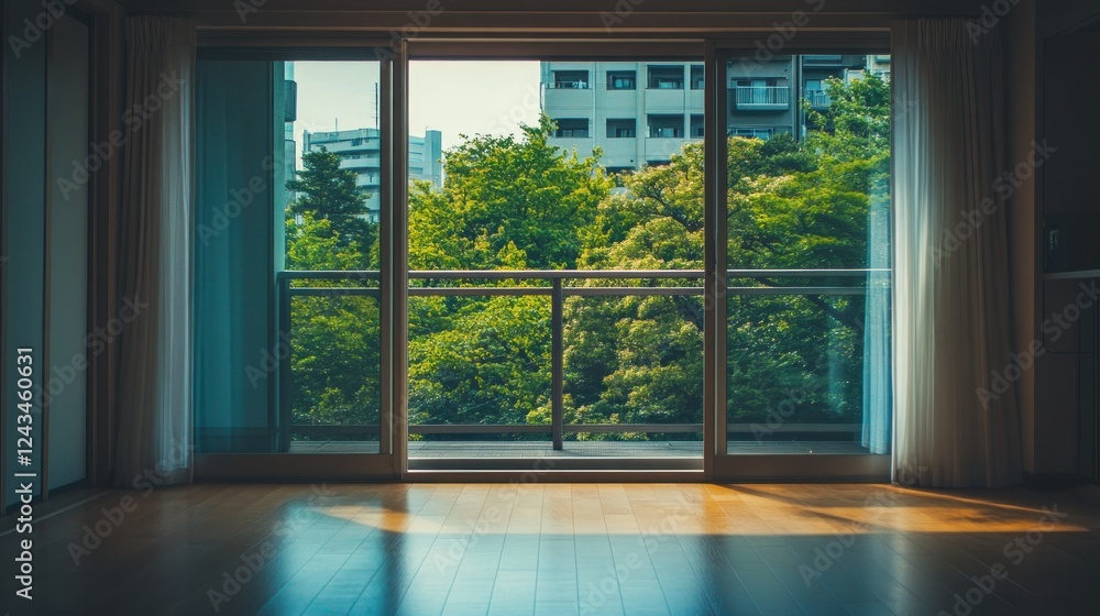 Fototapeta premium Sunlit apartment interior with sliding glass doors opening to a balcony and green city view.