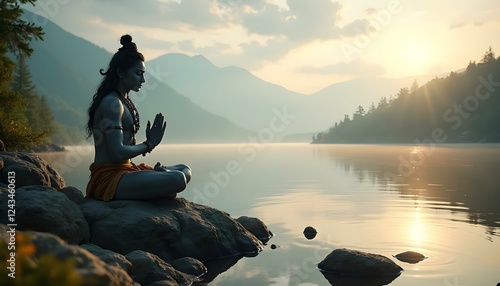 LORD SHIVA PRAYING IN A CALM AND NATURALLY BEAUTIFUL LANDSCAPE