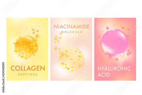 Abstract beauty cosmetic poster set with hyaluronic acid, collagen, niacinamide serum molecular spheres banner. Nude pink, light yellow cosmetology advertisement. Aesthetic premium cosmetic texture