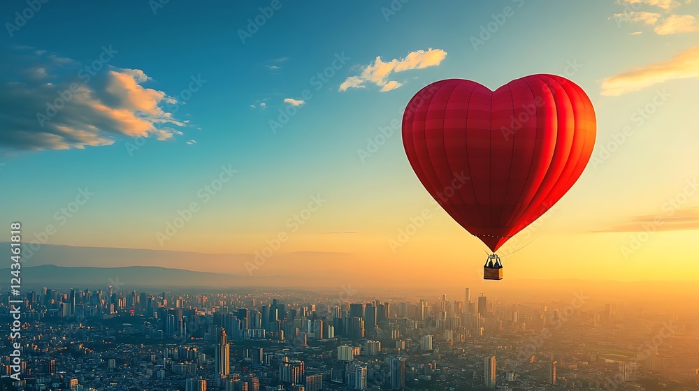 Fototapeta premium Heart-shaped hot air balloon soaring above the countryside