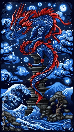 Wallpaper Mural A vibrant dragon coils around a pagoda under a starry night sky, surrounded by waves and mountains, blending fantasy with traditional Asian elements. Torontodigital.ca