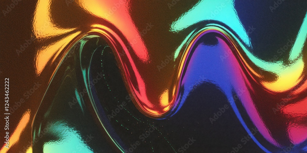 Obraz premium Abstract Textured Background with Grainy Iridescent Gradient in Vibrant Amber, Cobalt, Crimson, Mint Organic Shapes, Dark Modern Psychedelic Design