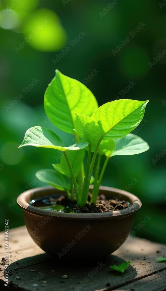 Green moringa leaves in a shallow water container, nature, botanical garden Green moringa leaves in a shallow water container, nature, botanical garden
