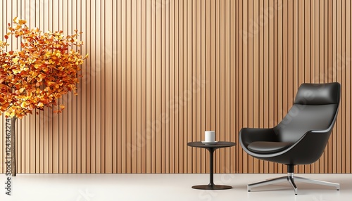 A modern, minimalist living space featuring a sleek black chair, a round table, and a stylish autumnal tree against a warm wooden wall. Perfect for interior design inspiration. photo