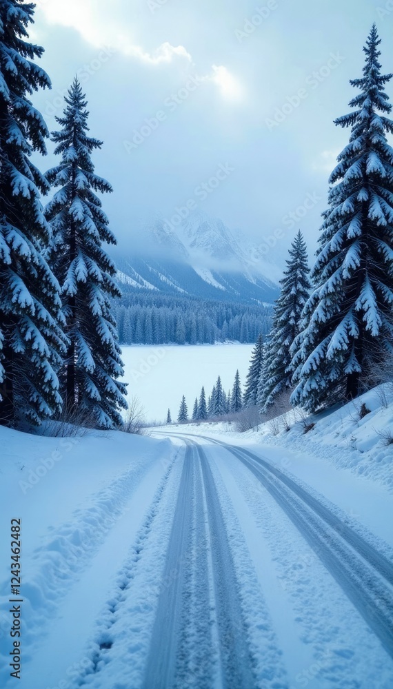 High elevation forestry road with snow-covered trees and a frozen lake, forestry road, high elevation, frozen water High elevation forestry road with snow-covered trees and a frozen lake, forestry road, high elevation, frozen water
