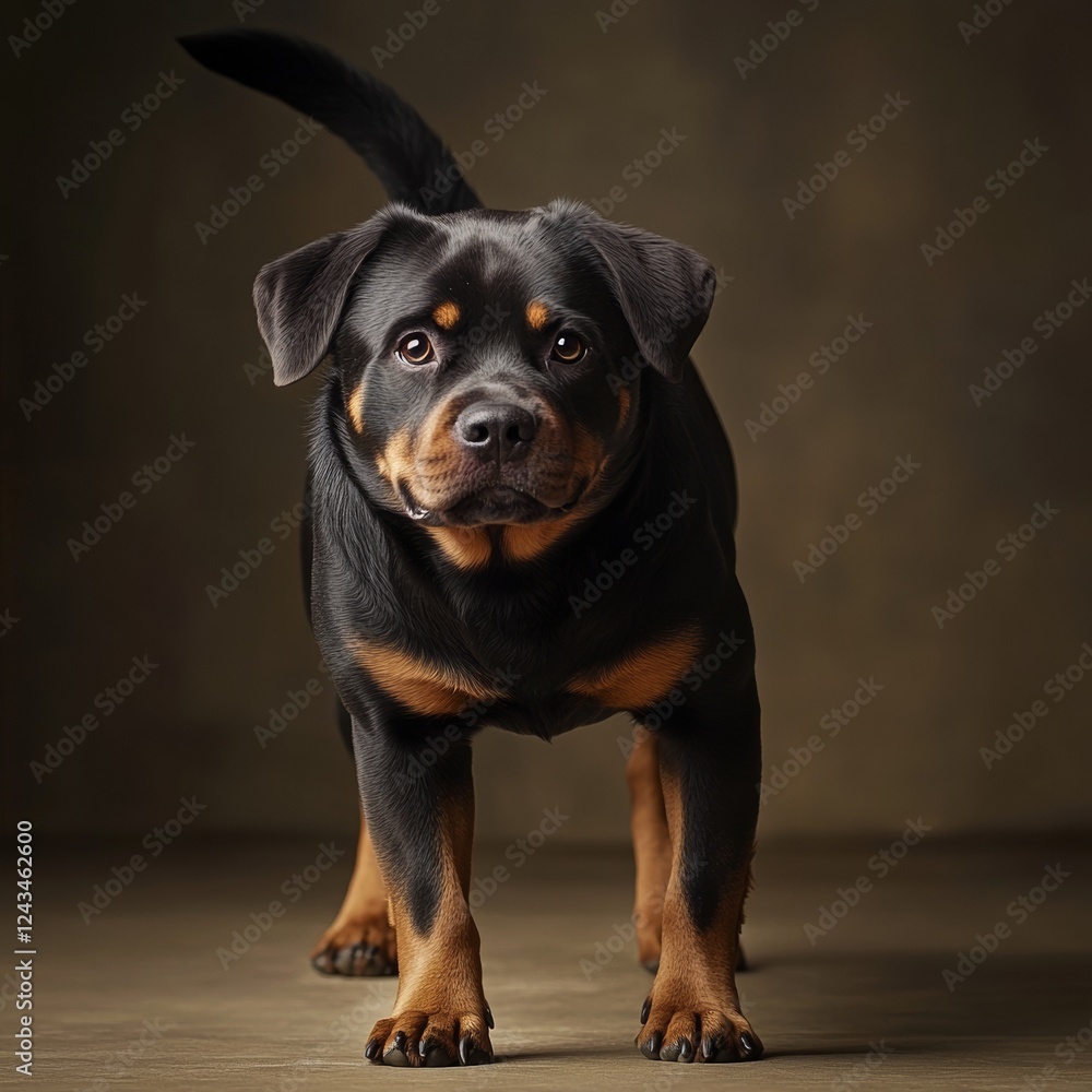 Rottweiler Stretching Its Front Legs Forward with Tail Raised