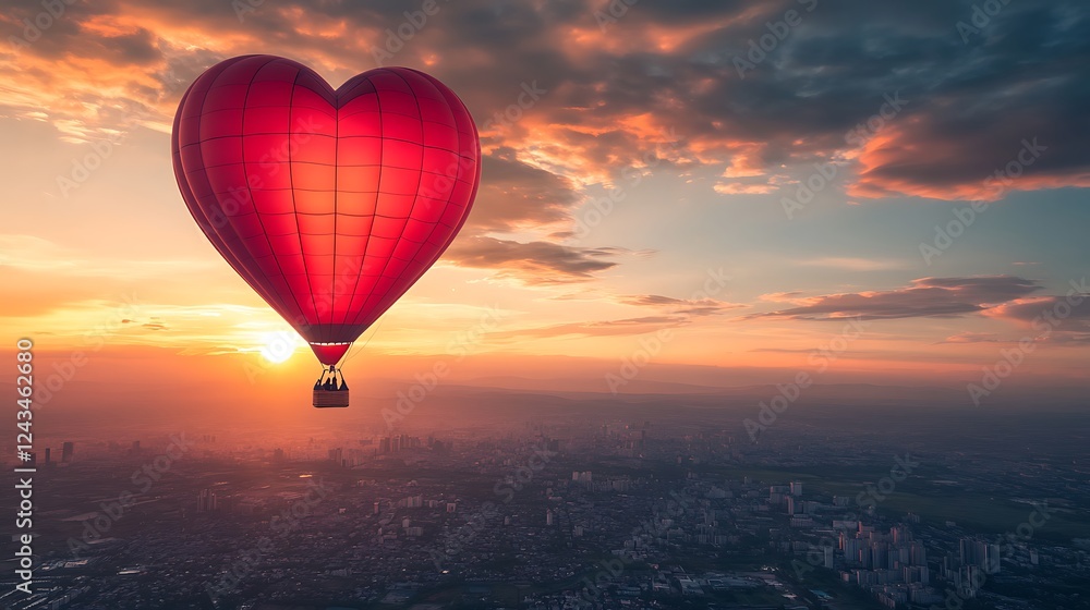 Fototapeta premium Heart-shaped hot air balloon soaring above the countryside