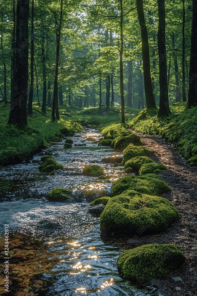 Sunlit Stream Flows Through Mossy Forest Path Sunlit Stream Flows Through Mossy Forest Path