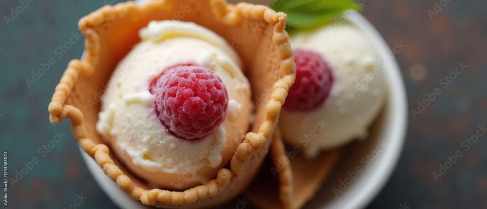 Tasty vanilla ice cream served in waffle cones with fresh raspberries and mint on a rustic surface Tasty vanilla ice cream served in waffle cones with fresh raspberries and mint on a rustic surface