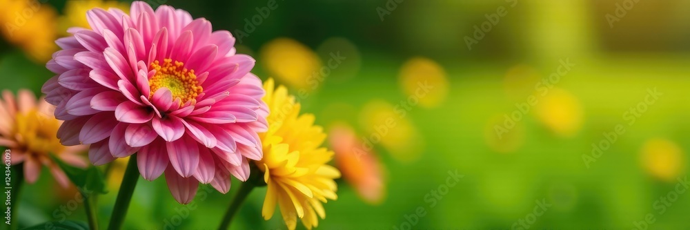Obraz premium Pink and yellow Gerbera flowers in a garden with green grass, yellow, garden