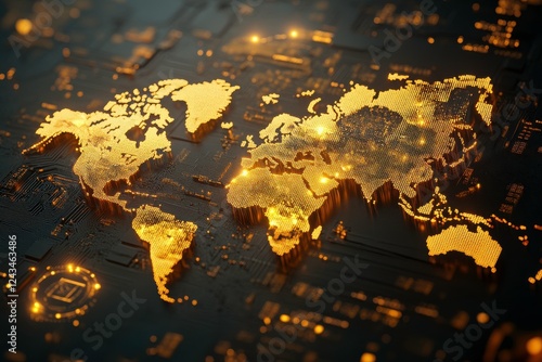 Fototapeta Naklejka Na Ścianę i Meble -  A digital world map illuminated in gold tones, representing global connectivity and technological advancement.