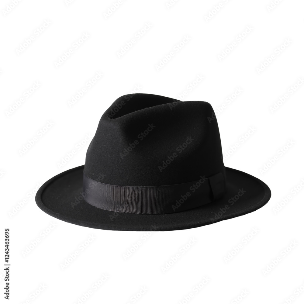 Classic black fedora hat with wide brim made of wool fabric, designed for stylish individuals seeking elegance and comfort, isolated on a white background Classic black fedora hat with wide brim made of wool fabric, designed for stylish individuals seeking elegance and comfort, isolated on a white background
