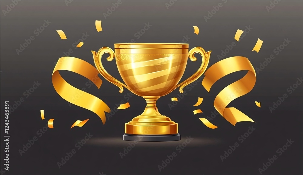 A gold cup with red ribbons on it is surrounded by confetti. The cup is the winner of a competition and the confetti represents the celebration of the victory A gold cup with red ribbons on it is surrounded by confetti. The cup is the winner of a competition and the confetti represents the celebration of the victory