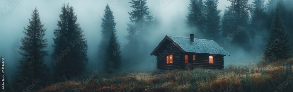Mysterious cabin surrounded by foggy forest at dawn evokes a serene and tranquil atmosphere Mysterious cabin surrounded by foggy forest at dawn evokes a serene and tranquil atmosphere