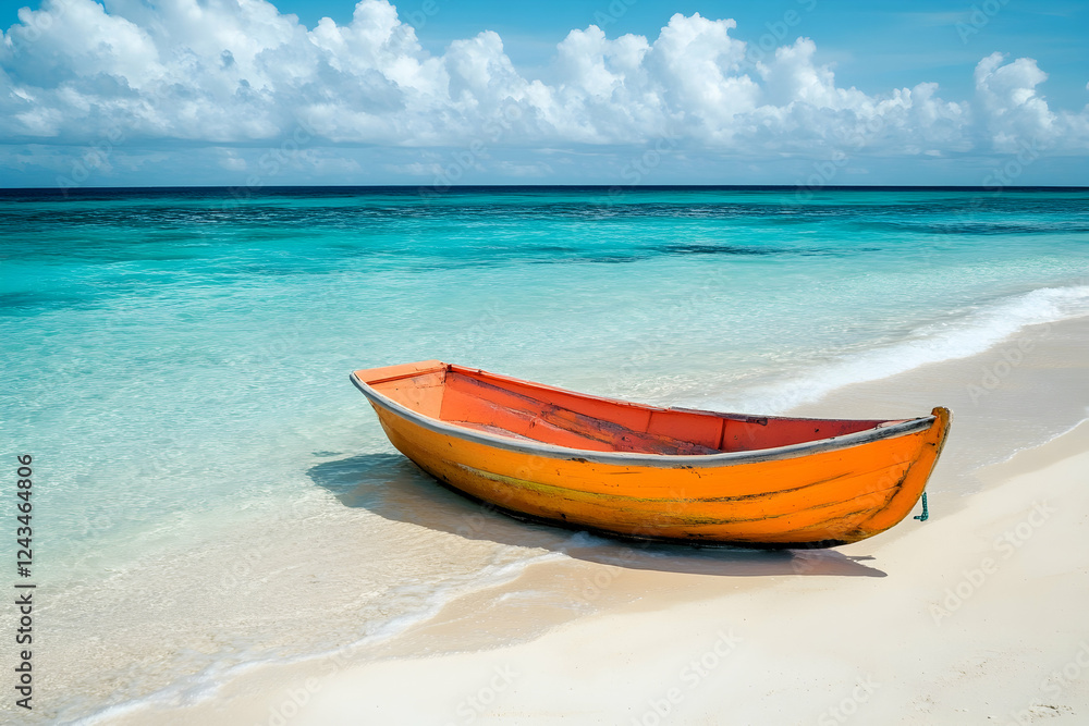 Vibrant Orange Boat on Sandy Beach with Turquoise Waters Vibrant Orange Boat on Sandy Beach with Turquoise Waters