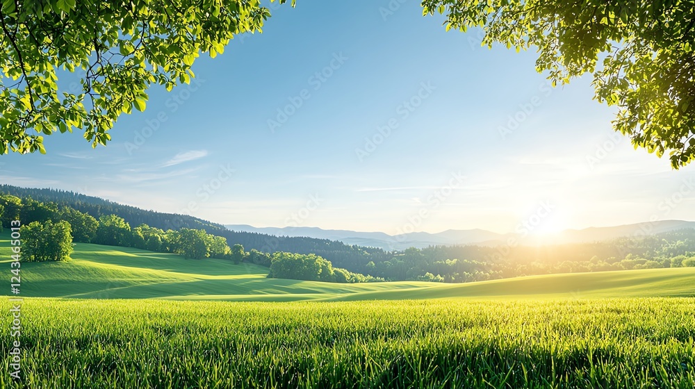 A serene landscape of rolling green fields under a bright blue sky at sunrise, surrounded by trees. This picturesque view embodies tranquility and the beauty of nature.