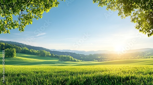 Obraz na płótnie A serene landscape of rolling green fields under a bright blue sky at sunrise, surrounded by trees. This picturesque view embodies tranquility and the beauty of nature. w salonie