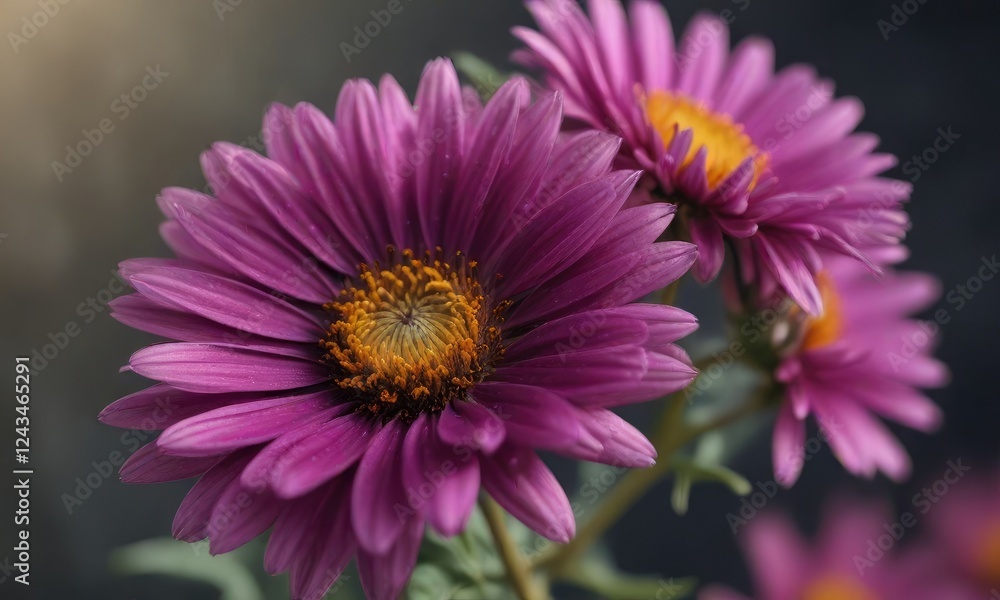 Obraz premium Vibrant Aster flower closeup in dark dreamy blur during fall season in Texas, night sky, fall foliage , wildflowers
