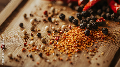 A close-up of red chili flakes and black peppercorns artistically arranged in a circular pattern on a flat surface, creating a stunning visual contrast.