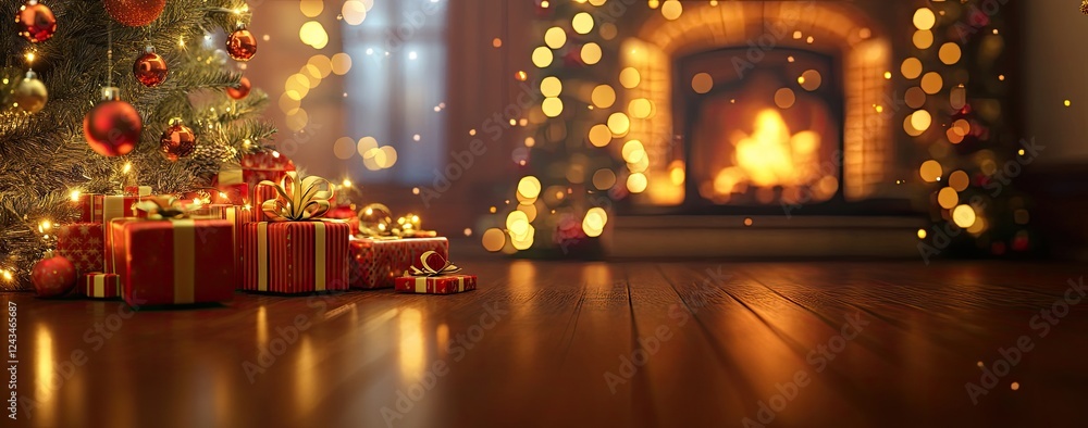 Wooden table with gifts box top view with blurred Christmas tree Wooden table with gifts box top view with blurred Christmas tree