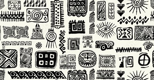Aztec, Mayan, African, ornaments seamless pattern. Hand draw in ethnic style. Aztec textile print. Perfect for site backgrounds, wrapping paper, fabric design. Unique geometric vector seamless pattern