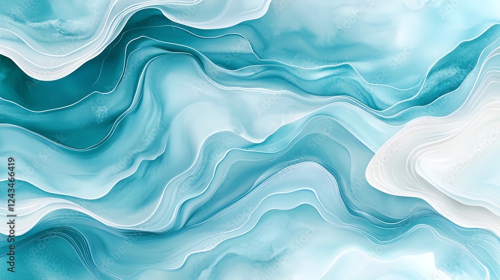 Fototapeta premium A soothing abstract background featuring flowing waves of blue and white. Ideal for use in digital designs, presentations, or as a captivating wallpaper. Emphasizes tranquility.