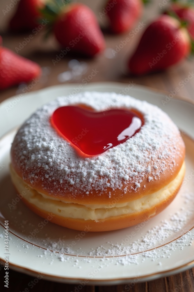 Heart-shaped jelly donut topped with powdered sugar and fresh strawberries on a wooden table Heart-shaped jelly donut topped with powdered sugar and fresh strawberries on a wooden table
