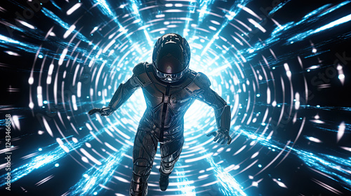 Astronaut in a digital light tunnel, futuristic space travel concept