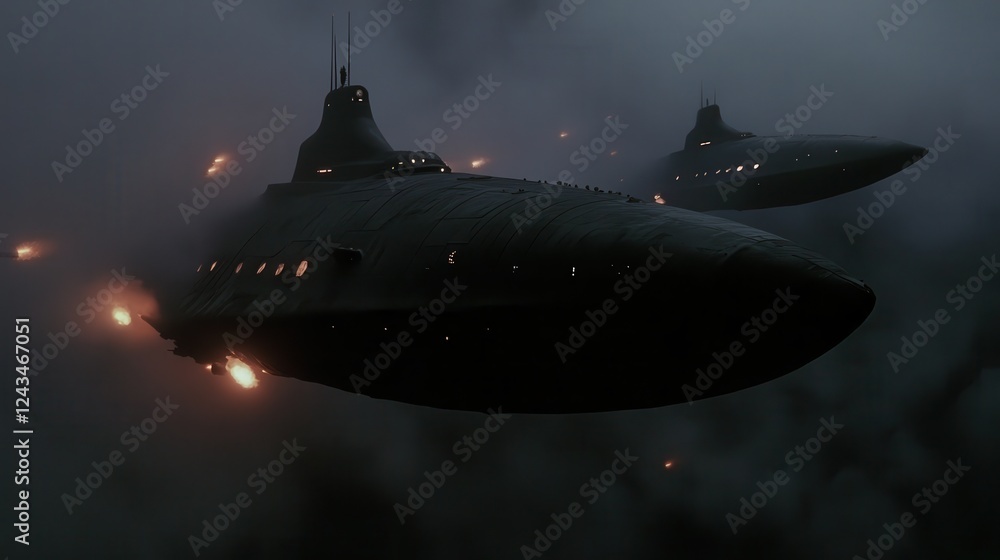 Obraz premium Dark, mysterious submarines navigate underwater, emitting lights and smoke, creating an intriguing, cinematic atmosphere.