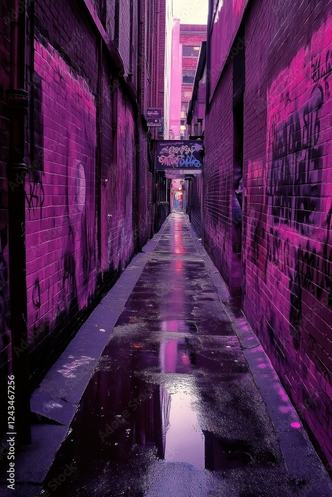 Fototapeta premium Purple alleyway reflection, urban grunge, city backdrop, moody atmosphere, graphic design