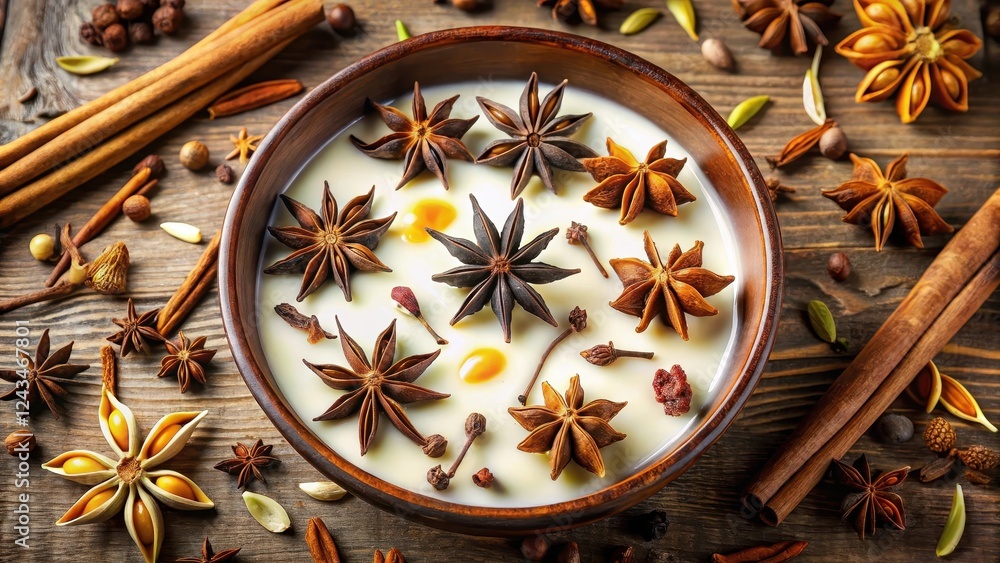 Fototapeta premium A shallow dish filled with milk-soaked vanilla flower buds, surrounded by an assortment of warm spices and aromatic ingredients like star anise and cloves, spice blends, gourmet ingredients