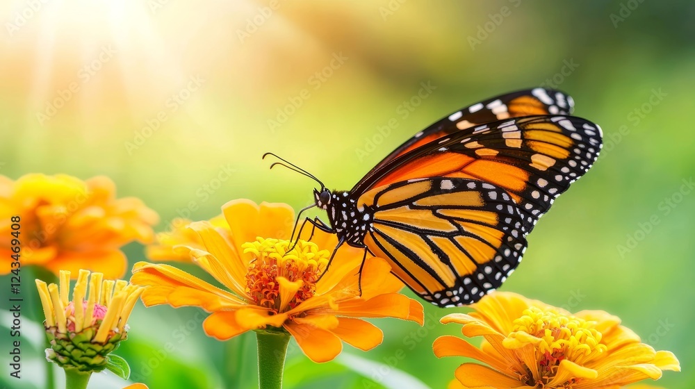 Obraz premium Monarch Butterfly on Orange Zinnia Flower in Sunlight