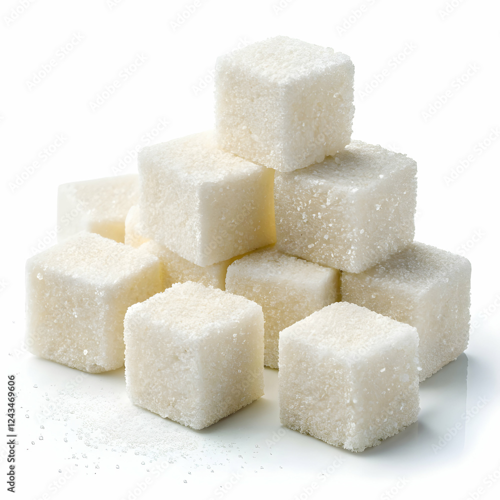 Sugar Cubes Pyramid: A meticulously arranged pyramid of glistening white sugar cubes, capturing the texture and light reflection of refined sugar. Sugar Cubes Pyramid: A meticulously arranged pyramid of glistening white sugar cubes, capturing the texture and light reflection of refined sugar.