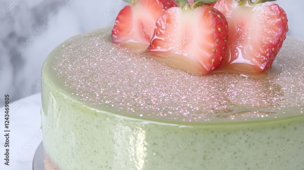 Fototapeta premium A luscious green cake topped with fresh strawberries and a glossy glaze, showcasing a delightful dessert perfect for any occasion.