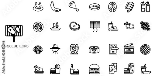 Barbecue simple concept 28 icons set. Contains such smoker and Fire cooking set, Gas-fueled grill, hot pan .Vector illustration.