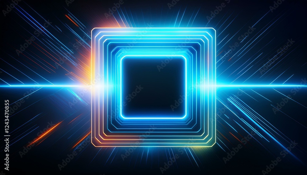 a blue and orange glowing square inside multiple squares on a dark background. Light streaks emanate from the center of the square a blue and orange glowing square inside multiple squares on a dark background. Light streaks emanate from the center of the square