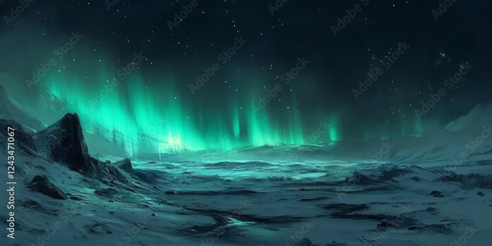 Naklejka premium Alien Landscape Underneath a Vivid Aurora Borealis