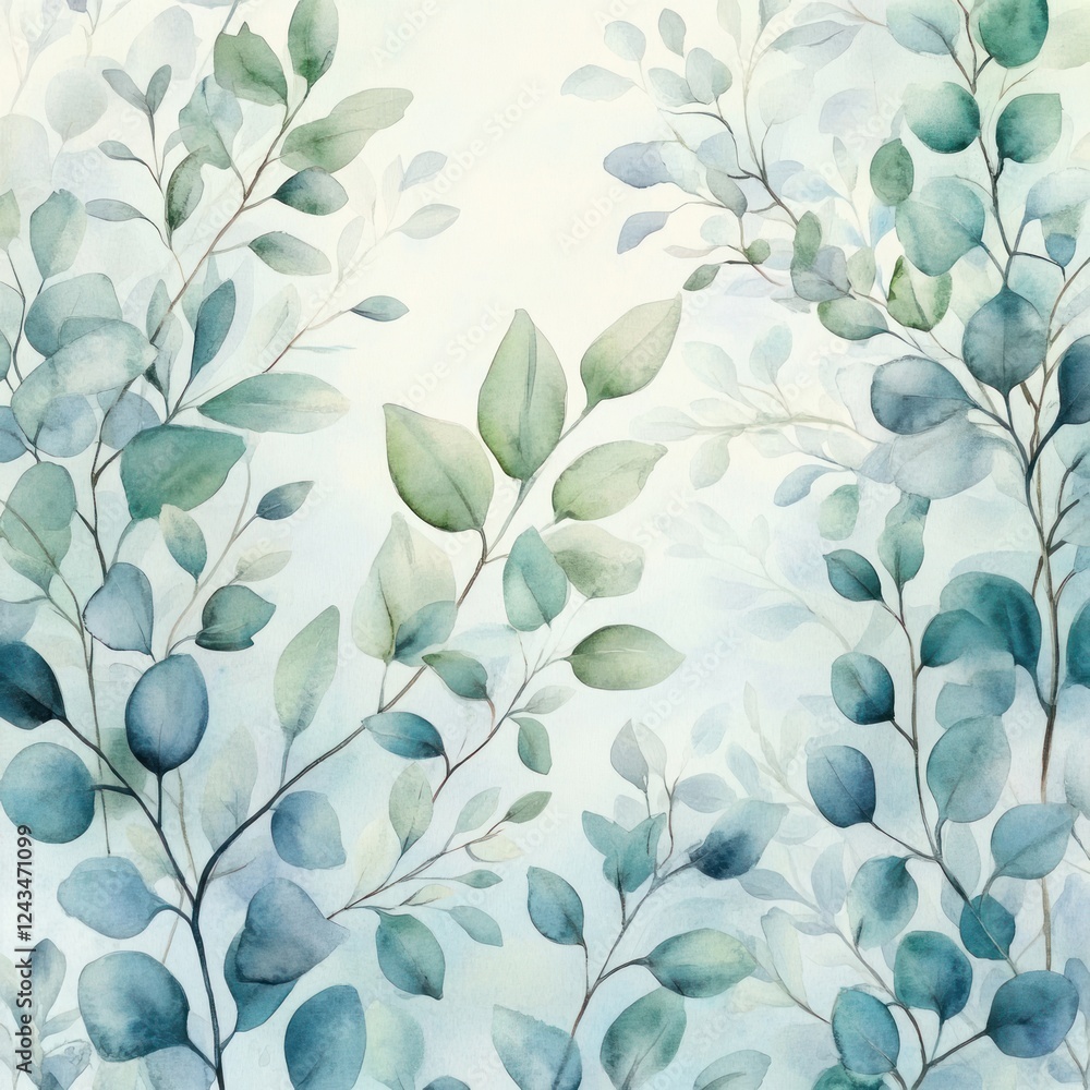 Fototapeta premium Eucalyptus Leaves Watercolor Painting Soft Greens and Blues Overlapping Leaves Serene Calming Atmosphere
