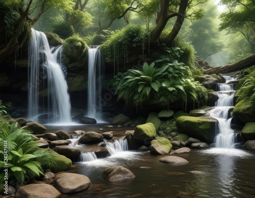 Waterfall in Tarr Steps Woodland with lush vegetation, plants, greenery