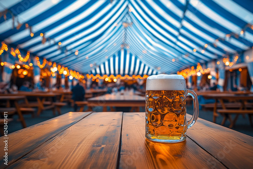 A large beer hall tent with blue and white stripes and a mug of beer on a wooden table, Oktoberfest tent