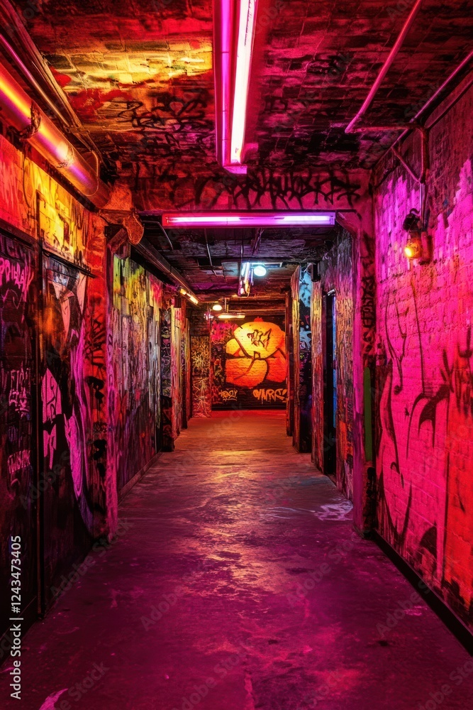 Fototapeta premium Neon-lit graffiti hallway, urban exploration, vibrant background, perfect for cyberpunk themes