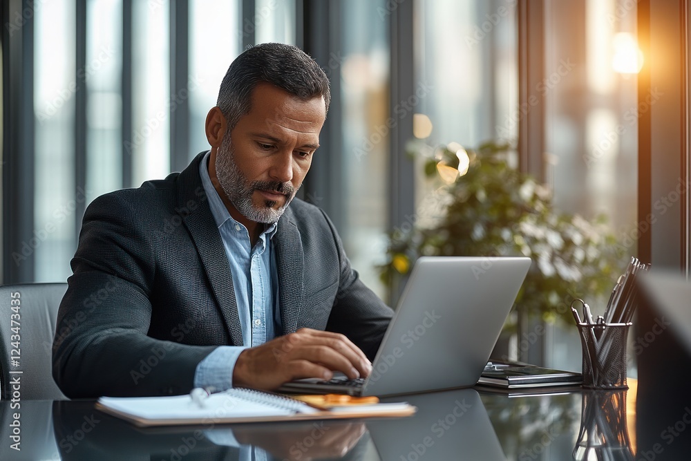 Professional Man Working on Laptop in Modern Corporate Office Professional Man Working on Laptop in Modern Corporate Office